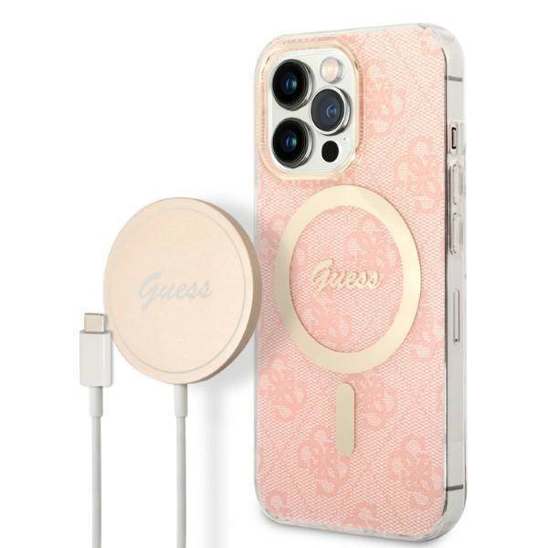 Zestaw Guess GUBPP13LH4EACSP Case+ Charger iPhone 13 Pro różowy/pink hard case 4G Print MagSafe